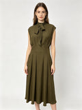 Olive Green Tie-Neck Midi Dress | Sleeveless Pleated-Waist Casual Work Dress for Women