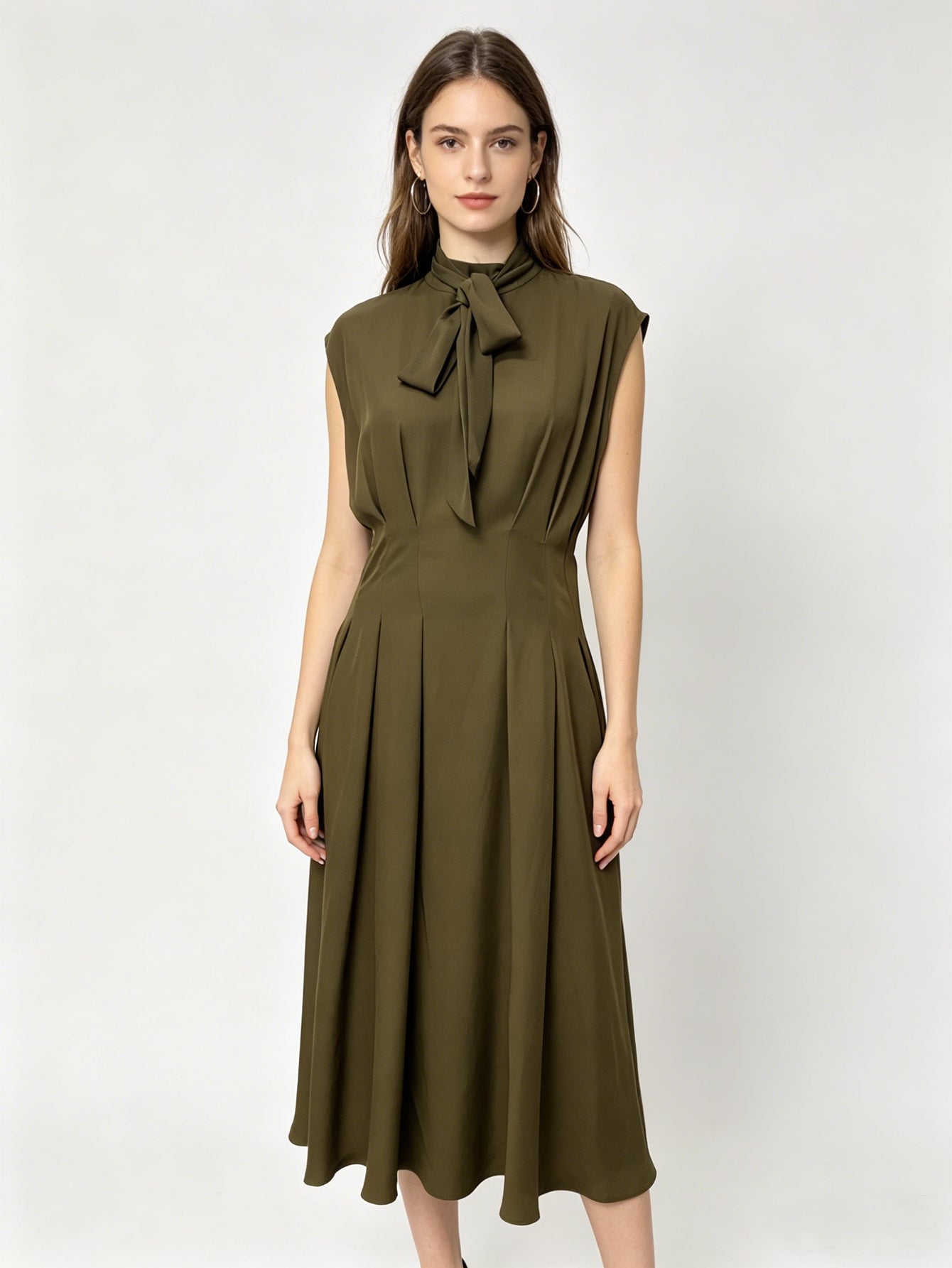 Olive Green Tie-Neck Midi Dress | Sleeveless Pleated-Waist Casual Work Dress for Women