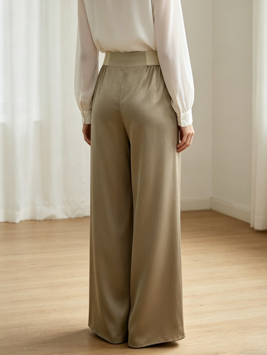 Champagne Gold High-Waisted Wide-Leg Pants | Elastic Waist, Flowy Silky Trousers for Women