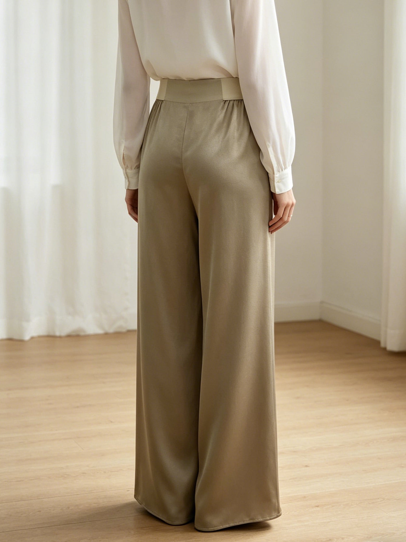 Champagne Gold High-Waisted Wide-Leg Pants | Elastic Waist, Flowy Silky Trousers for Women