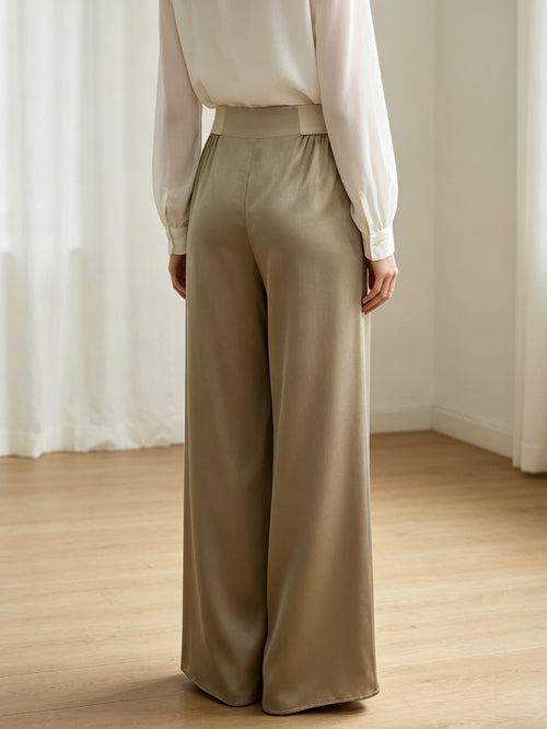 Champagne Gold High-Waisted Wide-Leg Pants | Elastic Waist, Flowy Silky Trousers for Women