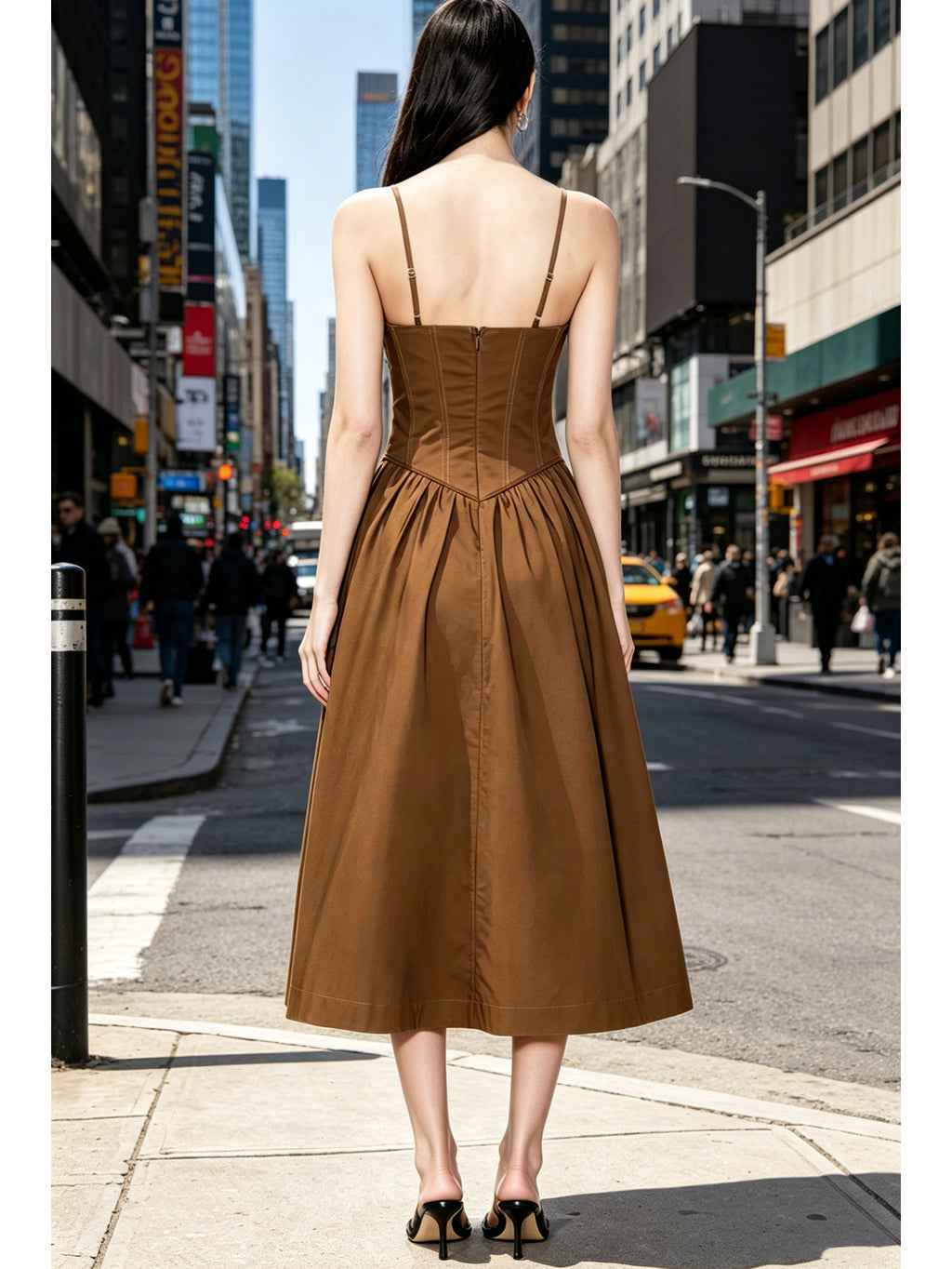 Spaghetti Strap Corset Midi Dress with Flared Skirt | Brown Structured Bustier Dress for Cocktail Parties, Brunch & City Outings