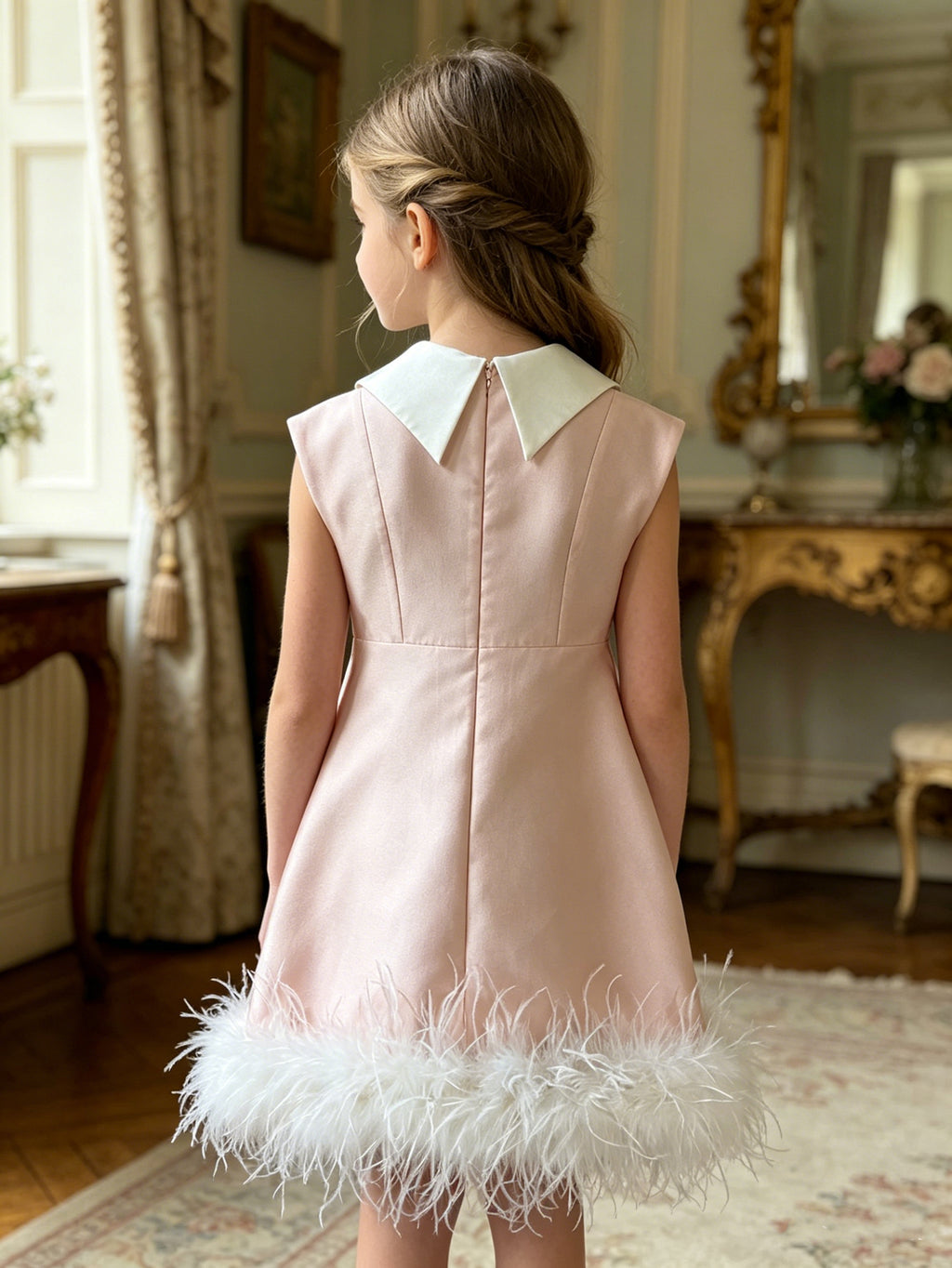 Pink Girls' Feather Hem Dress | Contrast Collar & Gold Bee Detail, Sleeveless Formal & Flower Girl Wear