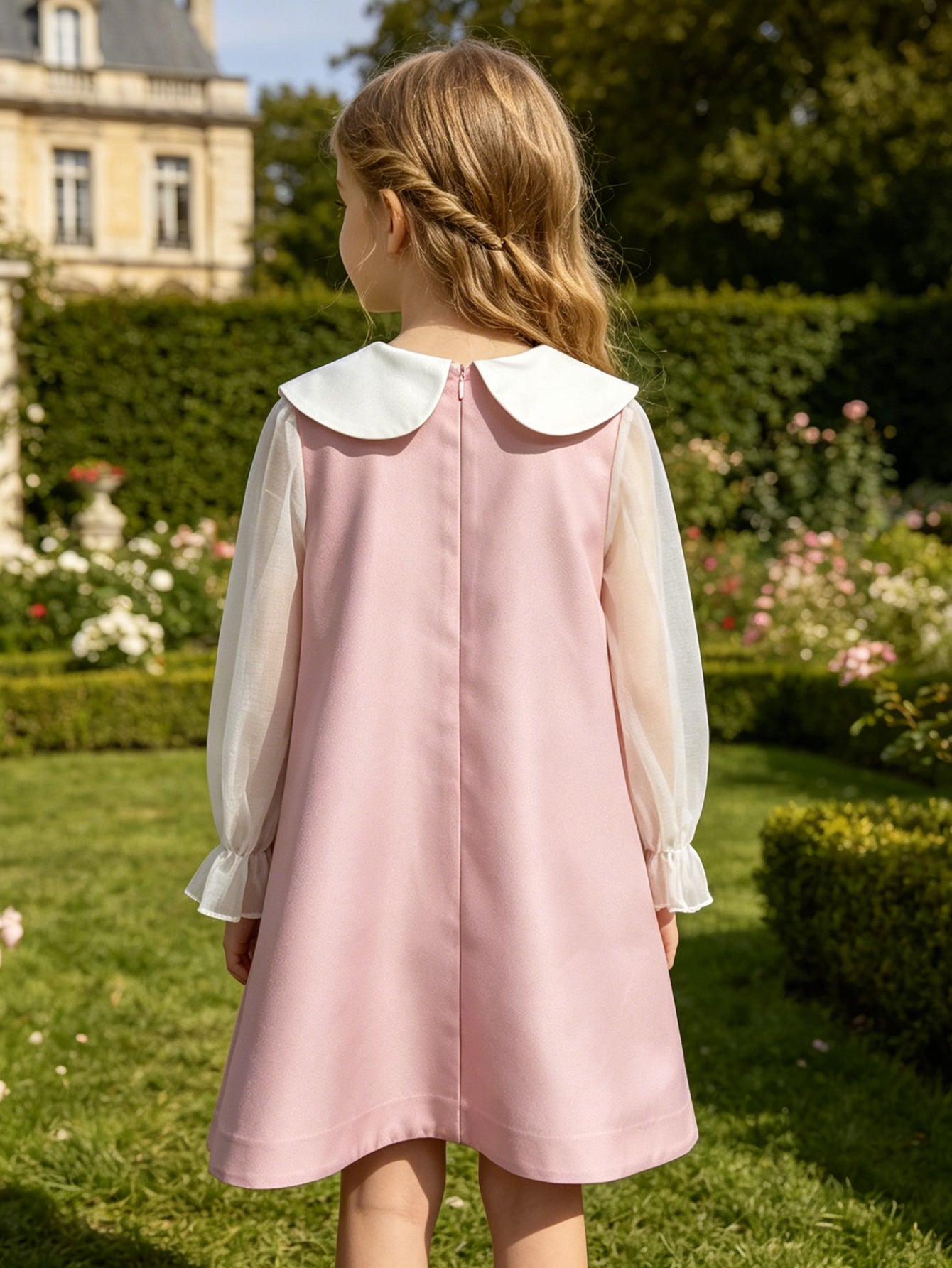 Pink A-Line Girls' Party Dress with Oversized Collar, Sheer Sleeves & Rhinestones, Elegant Dress for Special Occasions