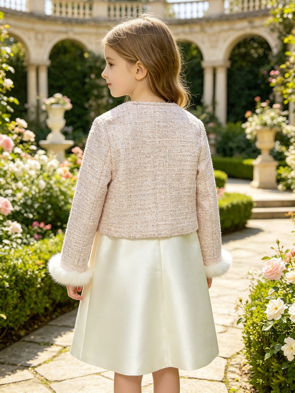 Pink Tweed Jacket and White Dress Set, with Faux Fur Cuffs and Rhinestone Bows—Elegant Children’s Formal and Party Wear