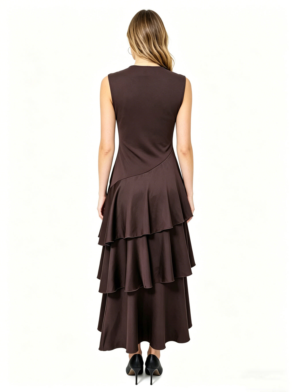 Dark Brown Sleeveless Round Neck Tiered Maxi Dress with Asymmetrical Ruffle Layers | Elegant Long Gown for Evening Parties, Work Events & Special Occasions