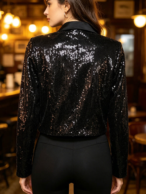 Black Sequin Cropped Blazer with Satin Peak Lapel | Double-Breasted Sparkly Party Jacket for Cocktails, Weddings & Holiday Events