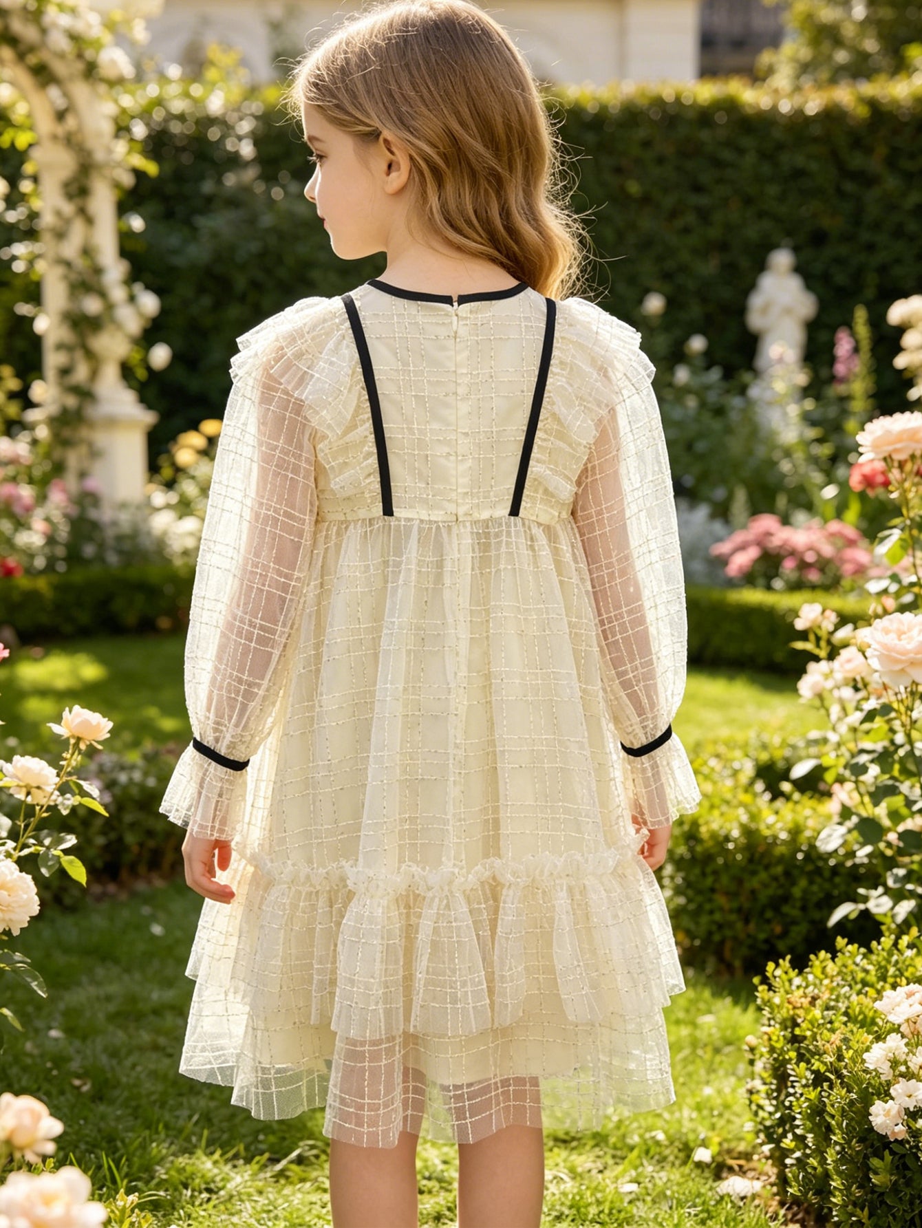 Cream Grid Tulle Girls' Dress | Black Trim & Bow Detail, Ruffled Tiered Party & Flower Girl Wear