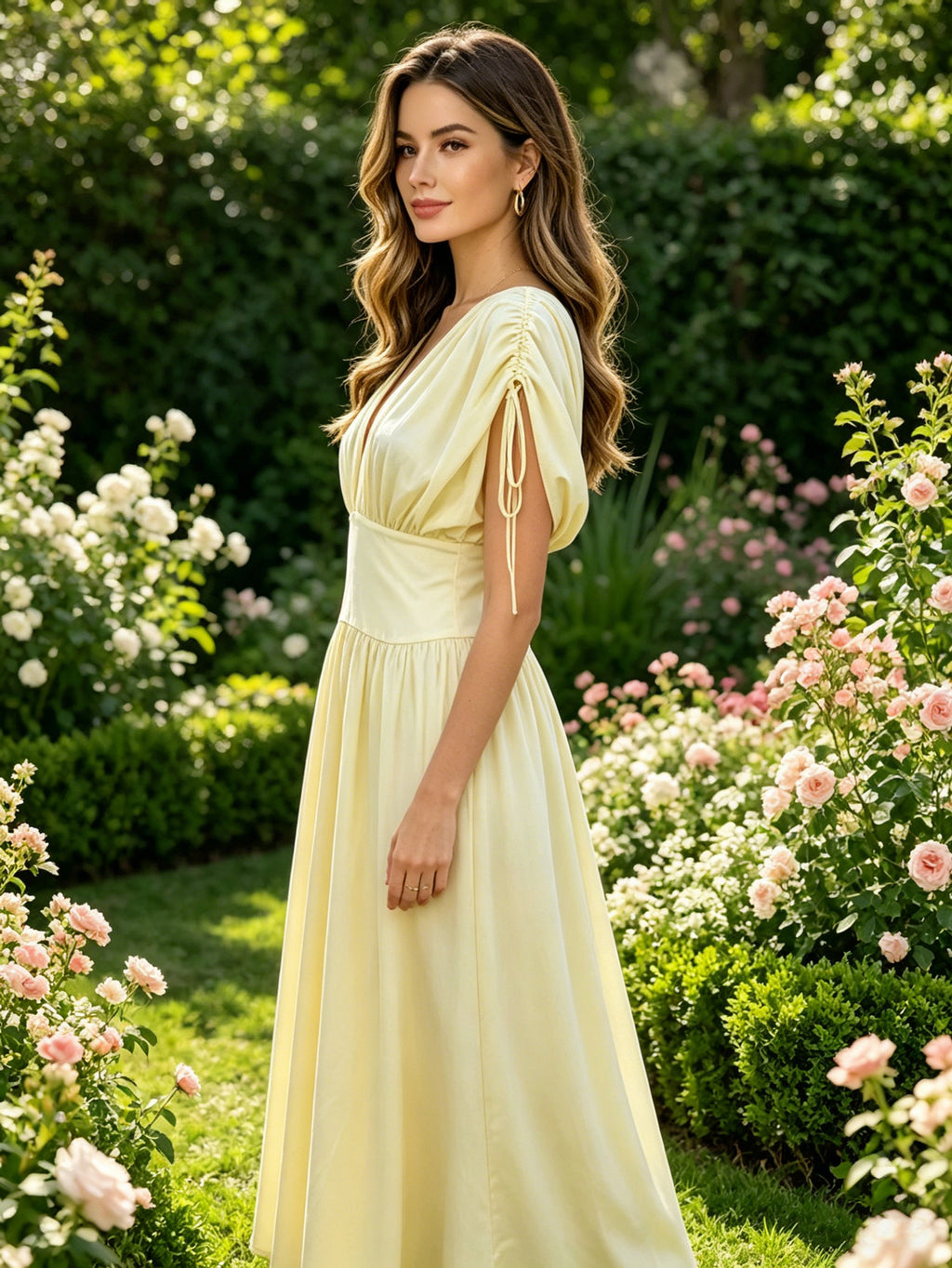 Chic Pastel Yellow Open-Back Maxi Dress | Flowy Waisted Silhouette, Drawstring Sleeve Detail for Bridal Events & Garden Parties