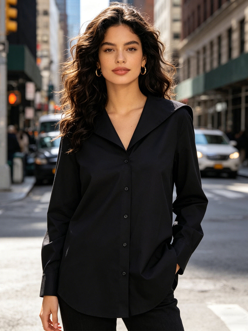 Oversized Black Button-Up Shirt with Sailor Collar | Long Sleeve Woven Blouse for Business Casual, Date Night & Daily Wear
