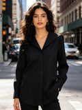 Oversized Black Button-Up Shirt with Sailor Collar | Long Sleeve Woven Blouse for Business Casual, Date Night & Daily Wear