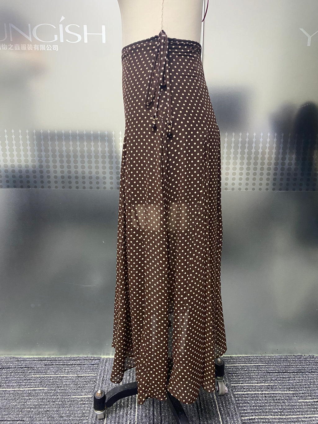 Retro Brown Polka Dot Sheer Chiffon Long Skirt Adjustable Side Tie Waist A-Line Fishtail Skirt For Vacation Daily Wear