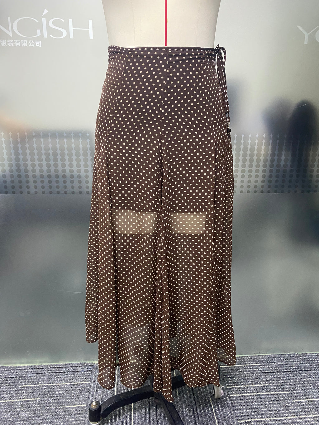 Retro Brown Polka Dot Sheer Chiffon Long Skirt Adjustable Side Tie Waist A-Line Fishtail Skirt For Vacation Daily Wear