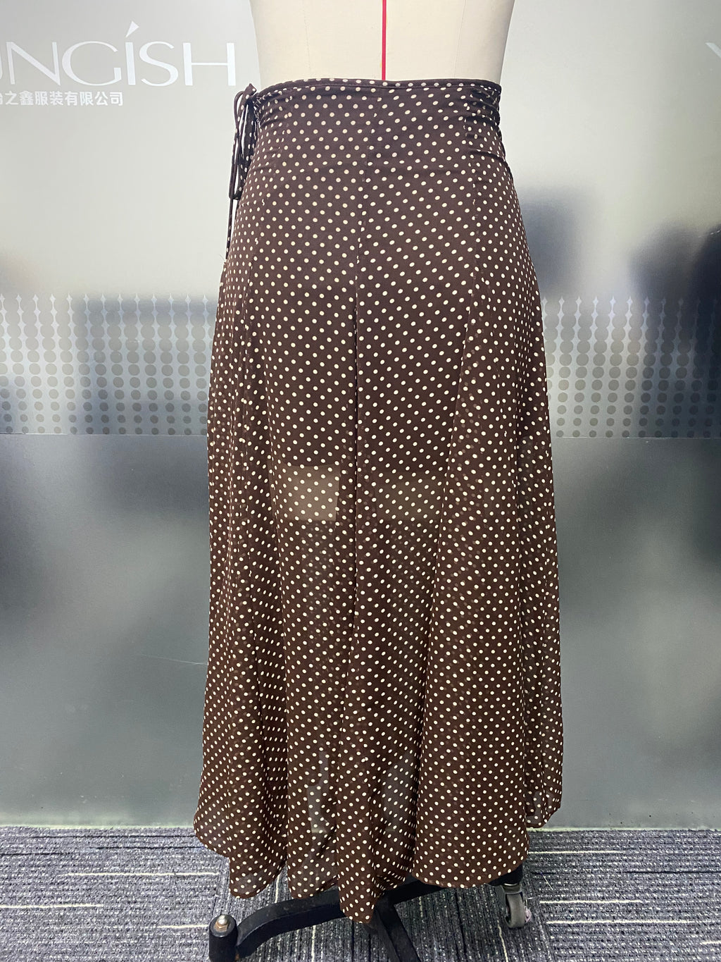Retro Brown Polka Dot Sheer Chiffon Long Skirt Adjustable Side Tie Waist A-Line Fishtail Skirt For Vacation Daily Wear