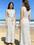 Sleeveless Floral Print Maxi Dress with Waist Belt | Blue Yellow Paisley Style Long Dress for Vacation, Brunch & Wedding Guest
