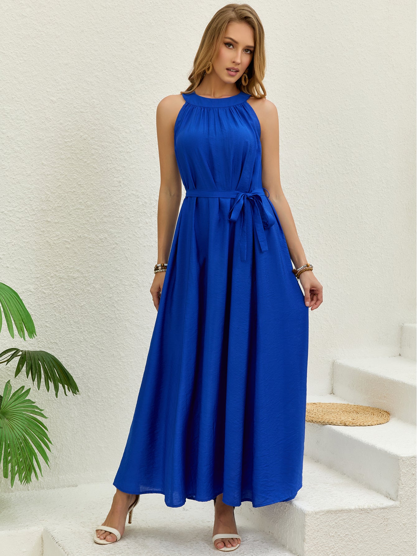Royal Blue Halter Neck Maxi Dress | Sleeveless Belted Flowy Summer Bea yuefell Royal Blue Halter Neck Maxi Dress | Sleeveless Belted Flowy Summer Bea yuefell
