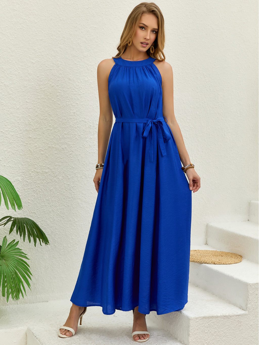 Royal Blue Halter Neck Maxi Dress | Sleeveless Belted Flowy Summer Beach Vacation Dress for Women