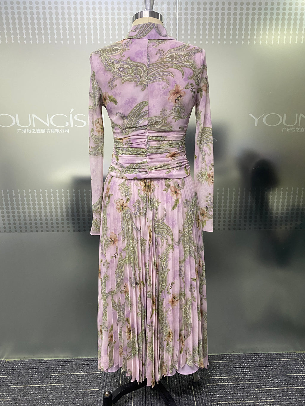 Soft Lilac Paisley Floral Chiffon Set Long Sleeve Ruched Waist Blouse Flowy Pleated Skirt Matching Outfit For Work Vacation