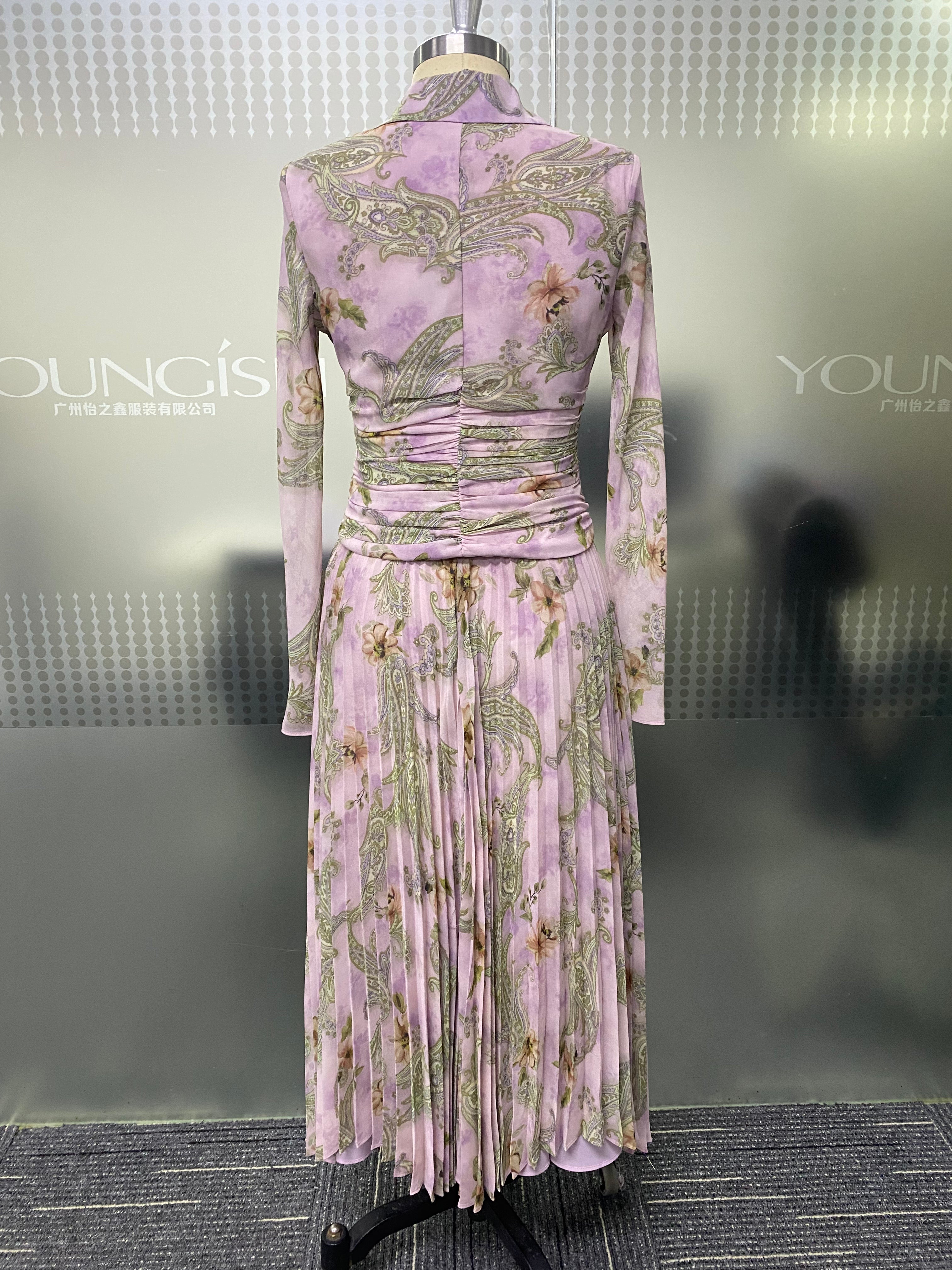 Soft Lilac Paisley Floral Chiffon Set Long Sleeve Ruched Waist Blouse Flowy Pleated Skirt Matching Outfit For Work Vacation