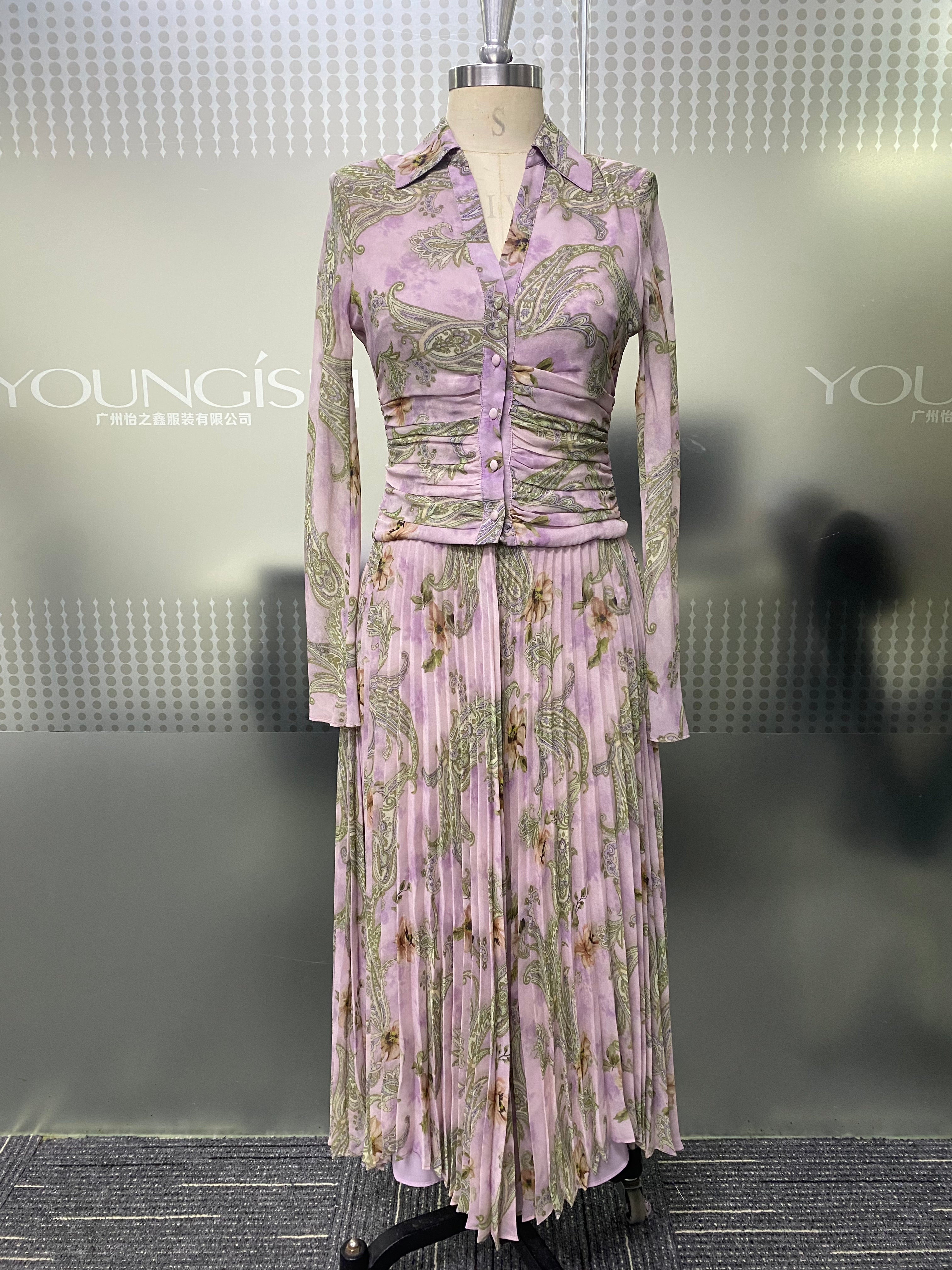 Soft Lilac Paisley Floral Chiffon Set Long Sleeve Ruched Waist Blouse Flowy Pleated Skirt Matching Outfit For Work Vacation