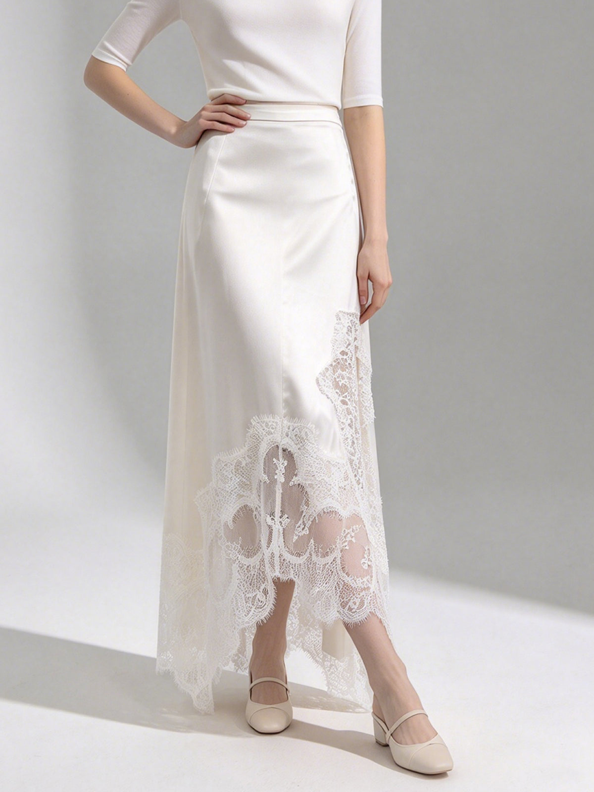 Women Ivory Satin 2 Piece Outfit Sleeveless Ruffle Mock Neck Lace Trim Top & Asymmetrical Lace Maxi Skirt Set