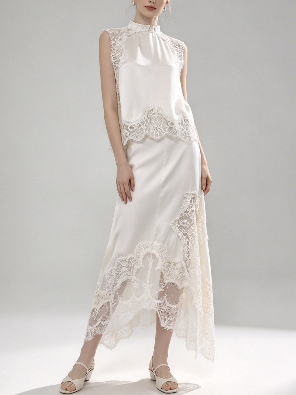 Women Ivory Satin 2 Piece Outfit Sleeveless Ruffle Mock Neck Lace Trim Top & Asymmetrical Lace Maxi Skirt Set