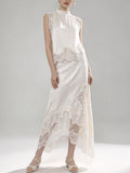 Women Ivory Satin 2 Piece Outfit Sleeveless Ruffle Mock Neck Lace Trim Top & Asymmetrical Lace Maxi Skirt Set