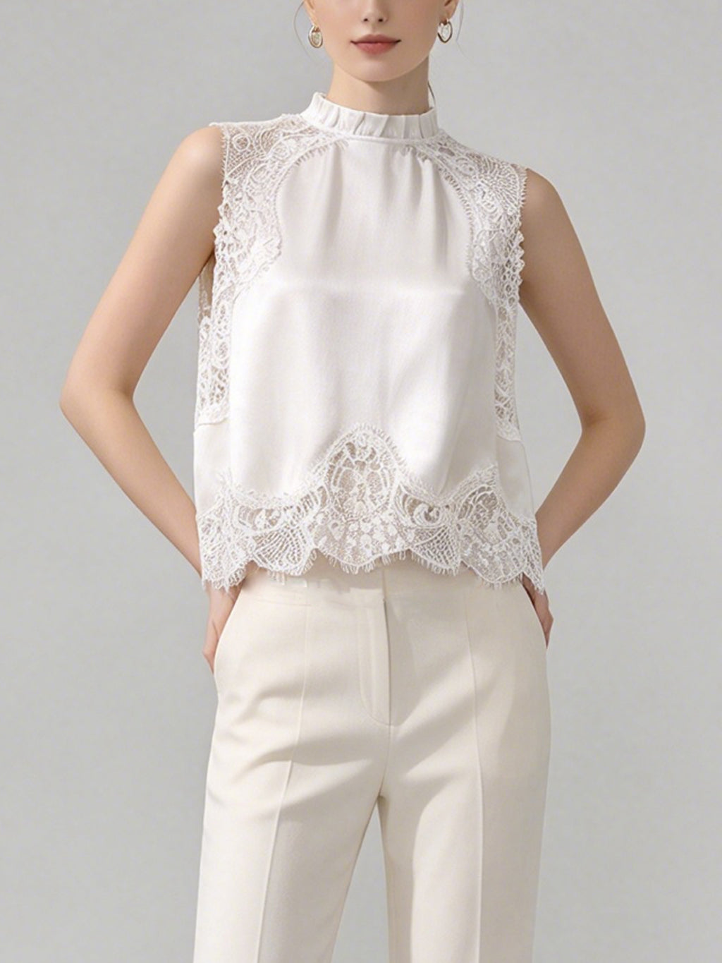 Women Ivory Satin 2 Piece Outfit Sleeveless Ruffle Mock Neck Lace Trim Top & Asymmetrical Lace Maxi Skirt Set