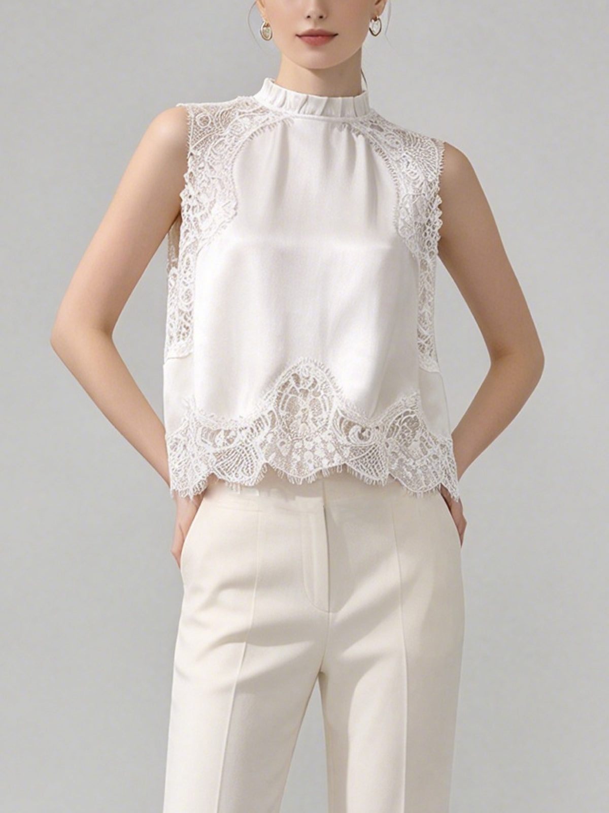 Women Ivory Satin 2 Piece Outfit Sleeveless Ruffle Mock Neck Lace Trim Top & Asymmetrical Lace Maxi Skirt Set