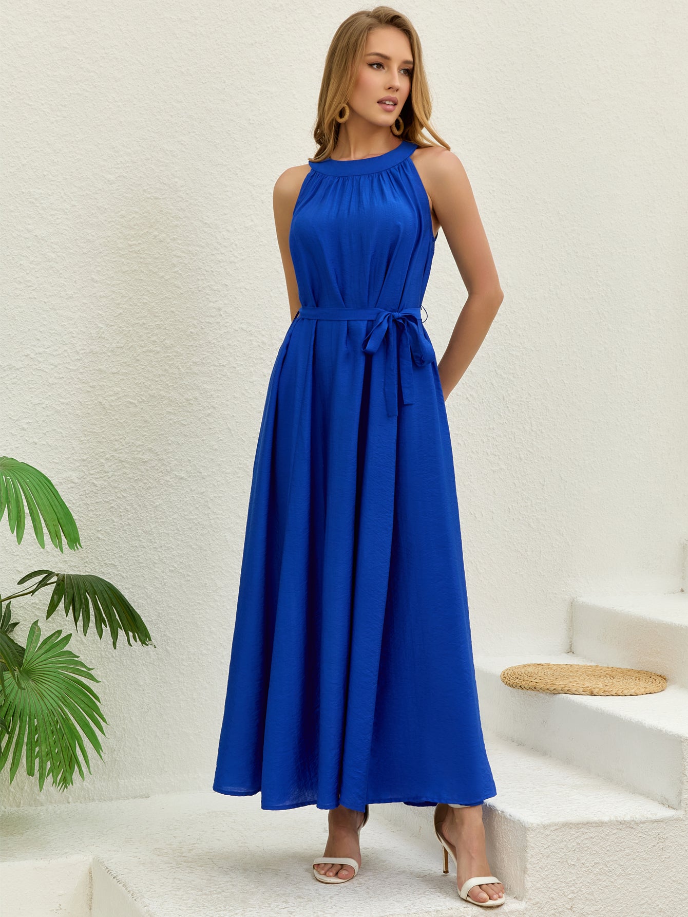 Royal Blue Halter Neck Maxi Dress | Sleeveless Belted Flowy Summer Beach Vacation Dress for Women