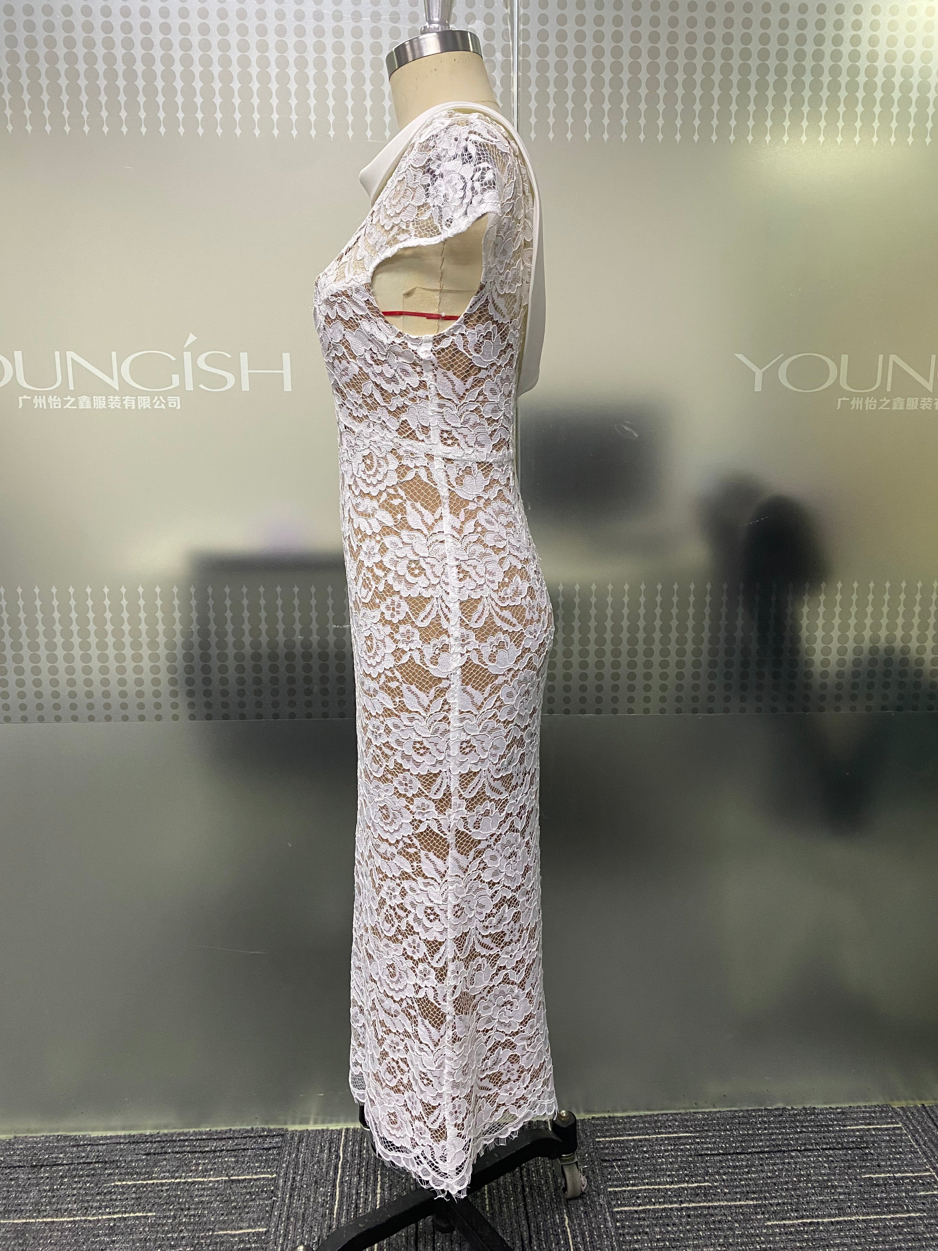 Elegant Floral Lace Midi Dress Satin Collar Open Back Slim Fitted Bodycon Gown For Wedding Dinner Date