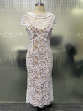 Elegant Floral Lace Midi Dress Satin Collar Open Back Slim Fitted Bodycon Gown For Wedding Dinner Date