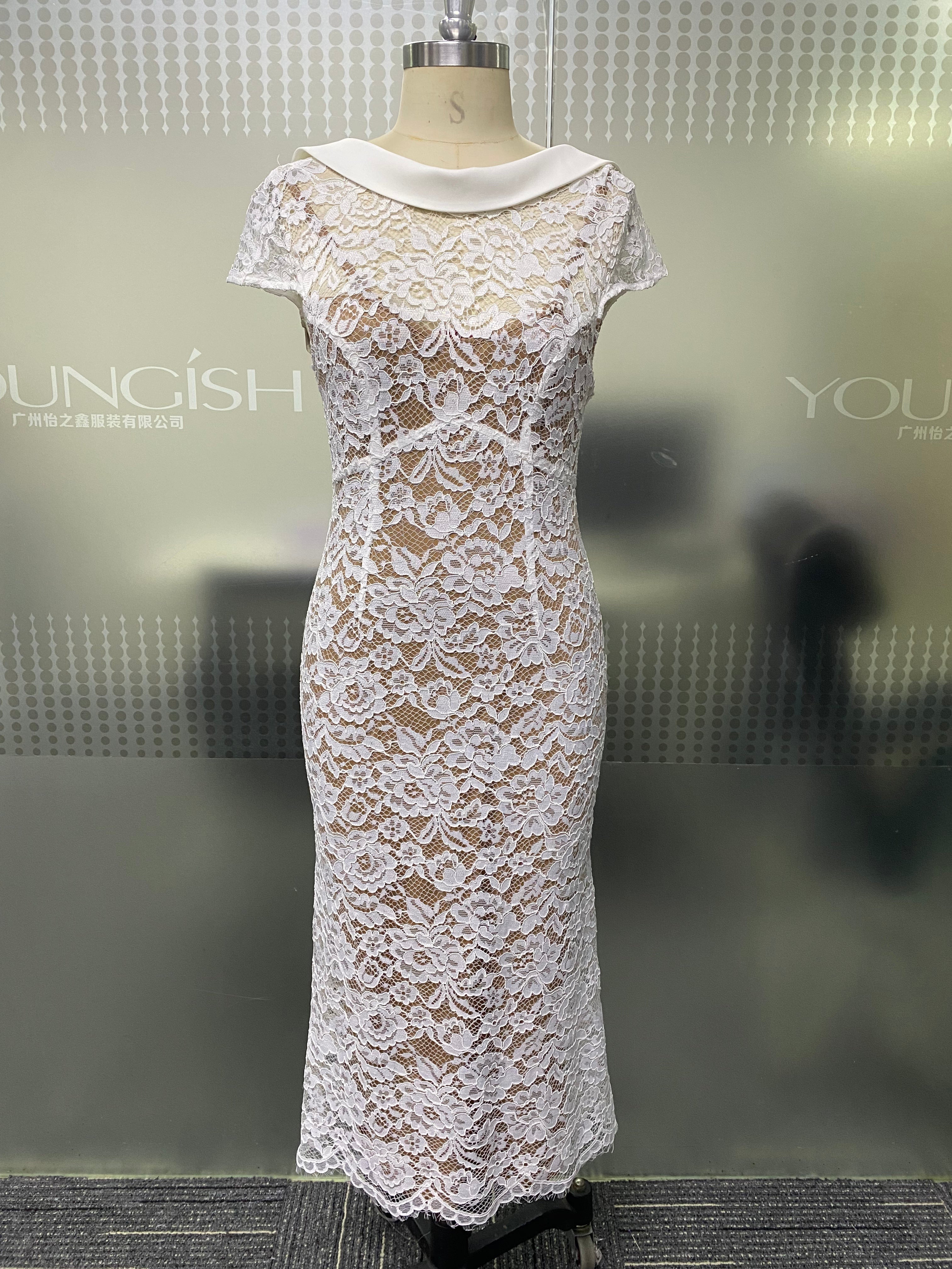 Elegant Floral Lace Midi Dress Satin Collar Open Back Slim Fitted Bodycon Gown For Wedding Dinner Date
