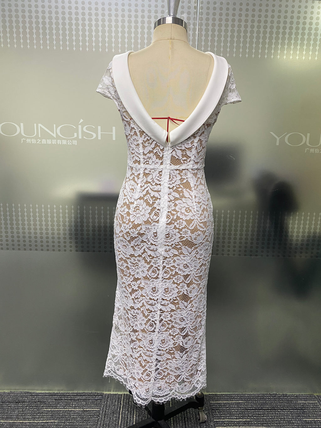 Elegant Floral Lace Midi Dress Satin Collar Open Back Slim Fitted Bodycon Gown For Wedding Dinner Date