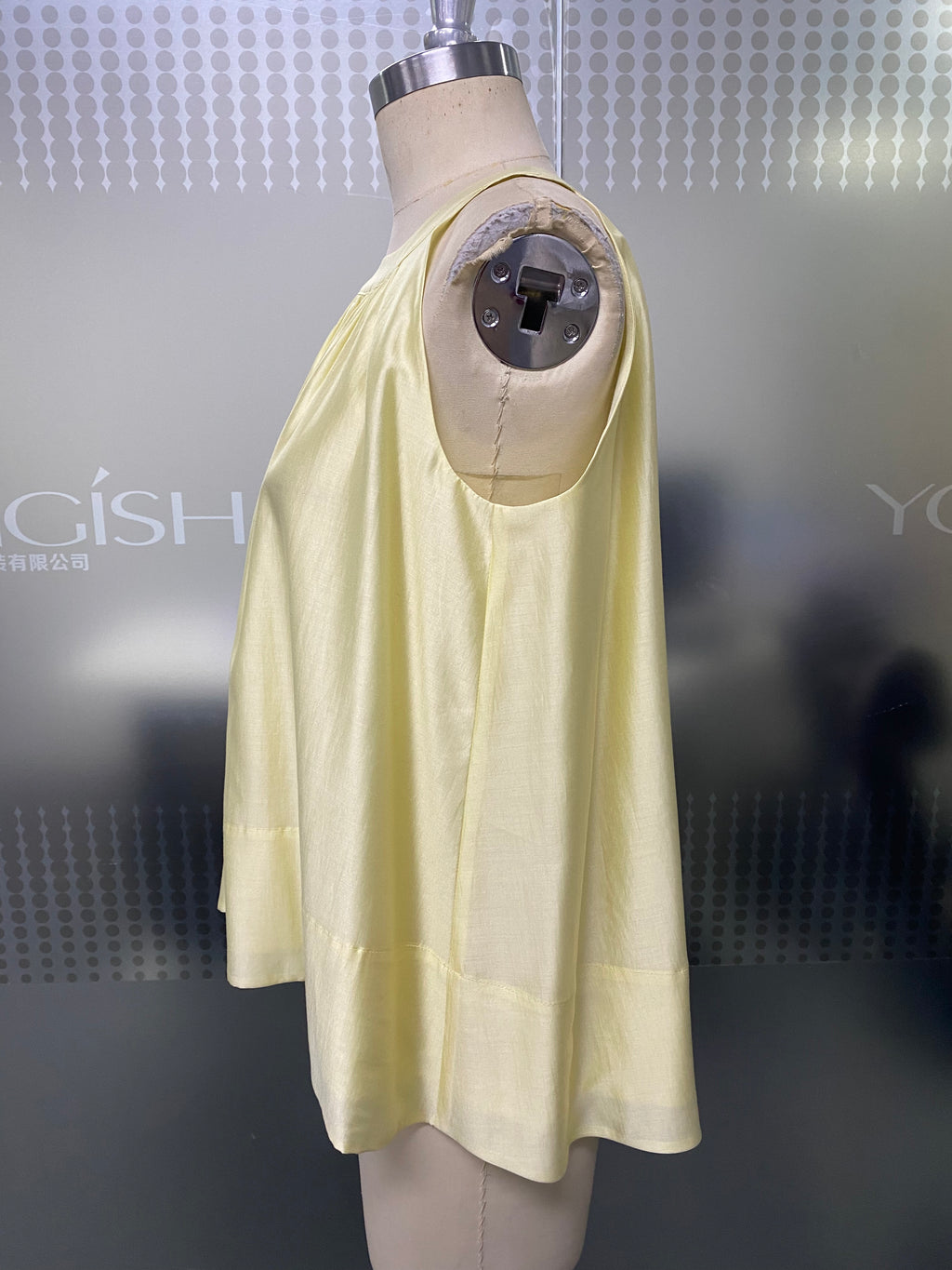 Soft Buttery Yellow Satin-Like Blouse Gathered Neck Back Button A-Line Hem Summer Casual Work Sleeveless Top