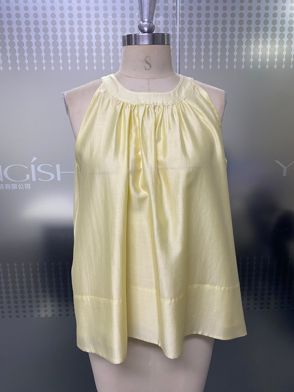 Soft Buttery Yellow Satin-Like Blouse Gathered Neck Back Button A-Line Hem Summer Casual Work Sleeveless Top