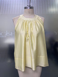 Soft Buttery Yellow Satin-Like Blouse Gathered Neck Back Button A-Line Hem Summer Casual Work Sleeveless Top