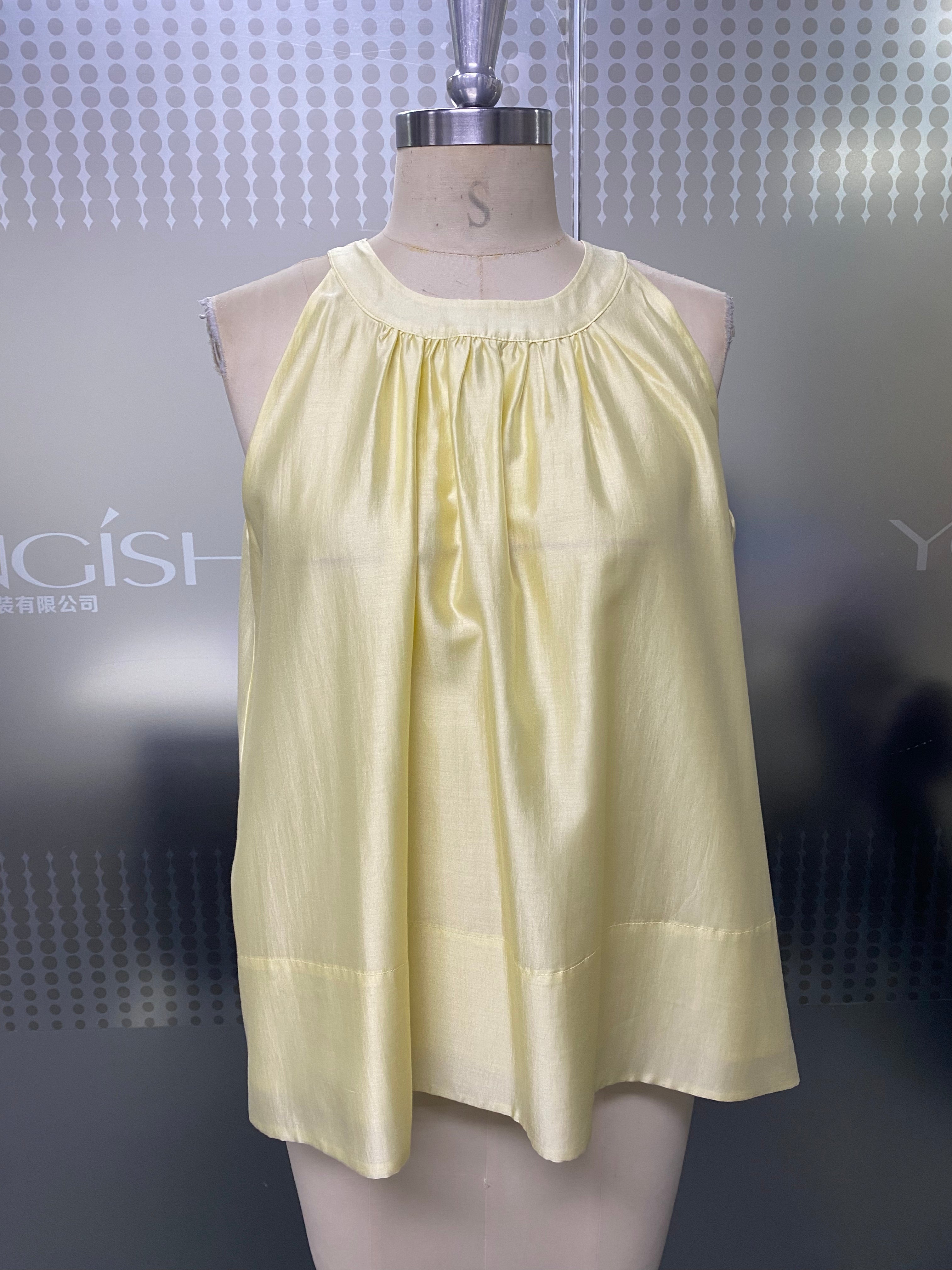 Soft Buttery Yellow Satin-Like Blouse Gathered Neck Back Button A-Line Hem Summer Casual Work Sleeveless Top
