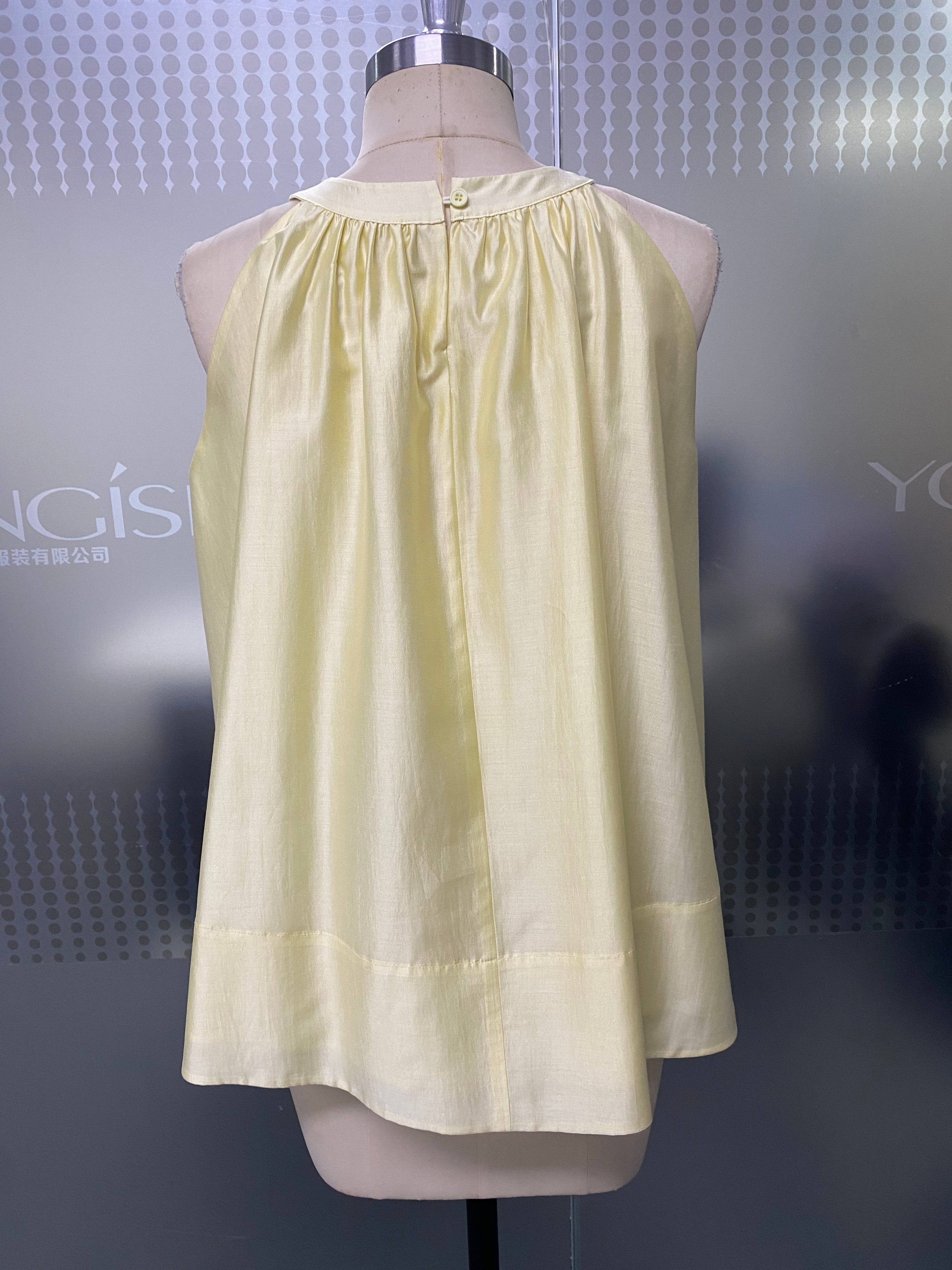 Soft Buttery Yellow Satin-Like Blouse Gathered Neck Back Button A-Line Hem Summer Casual Work Sleeveless Top