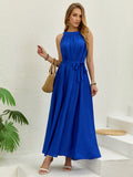 Royal Blue Halter Neck Maxi Dress | Sleeveless Belted Flowy Summer Beach Vacation Dress for Women