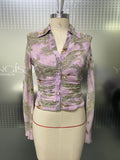 Soft Dusty Purple Paisley Floral Printed Shirt Collar Button Down Ruched Waist Cropped Fitted Long Sleeve Casual Work Blouse