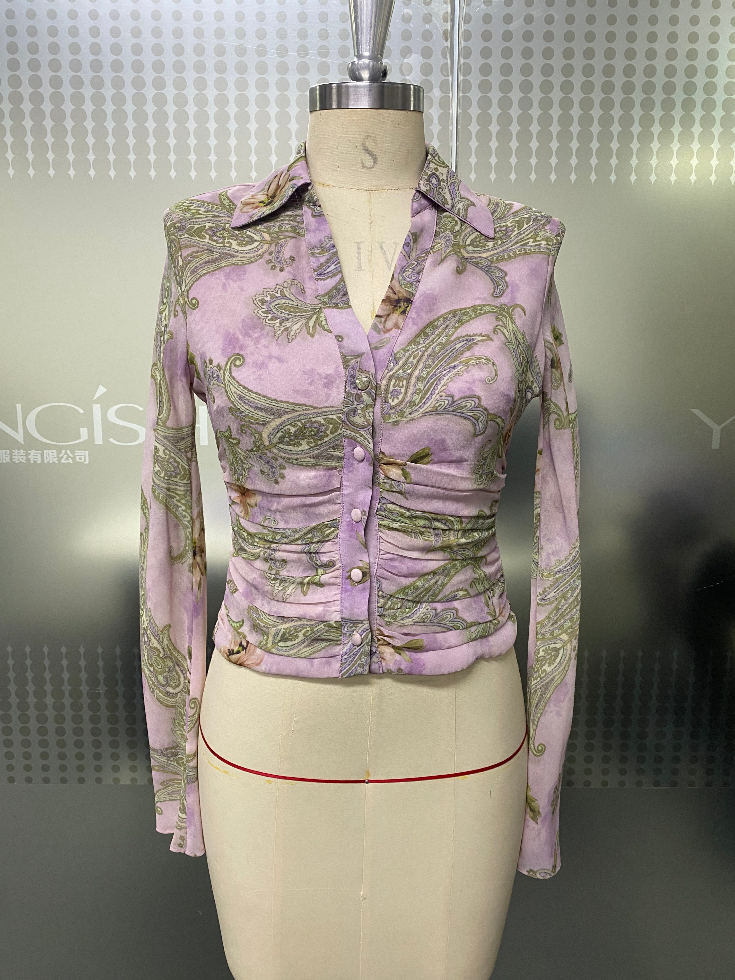 Soft Dusty Purple Paisley Floral Printed Shirt Collar Button Down Ruched Waist Cropped Fitted Long Sleeve Casual Work Blouse
