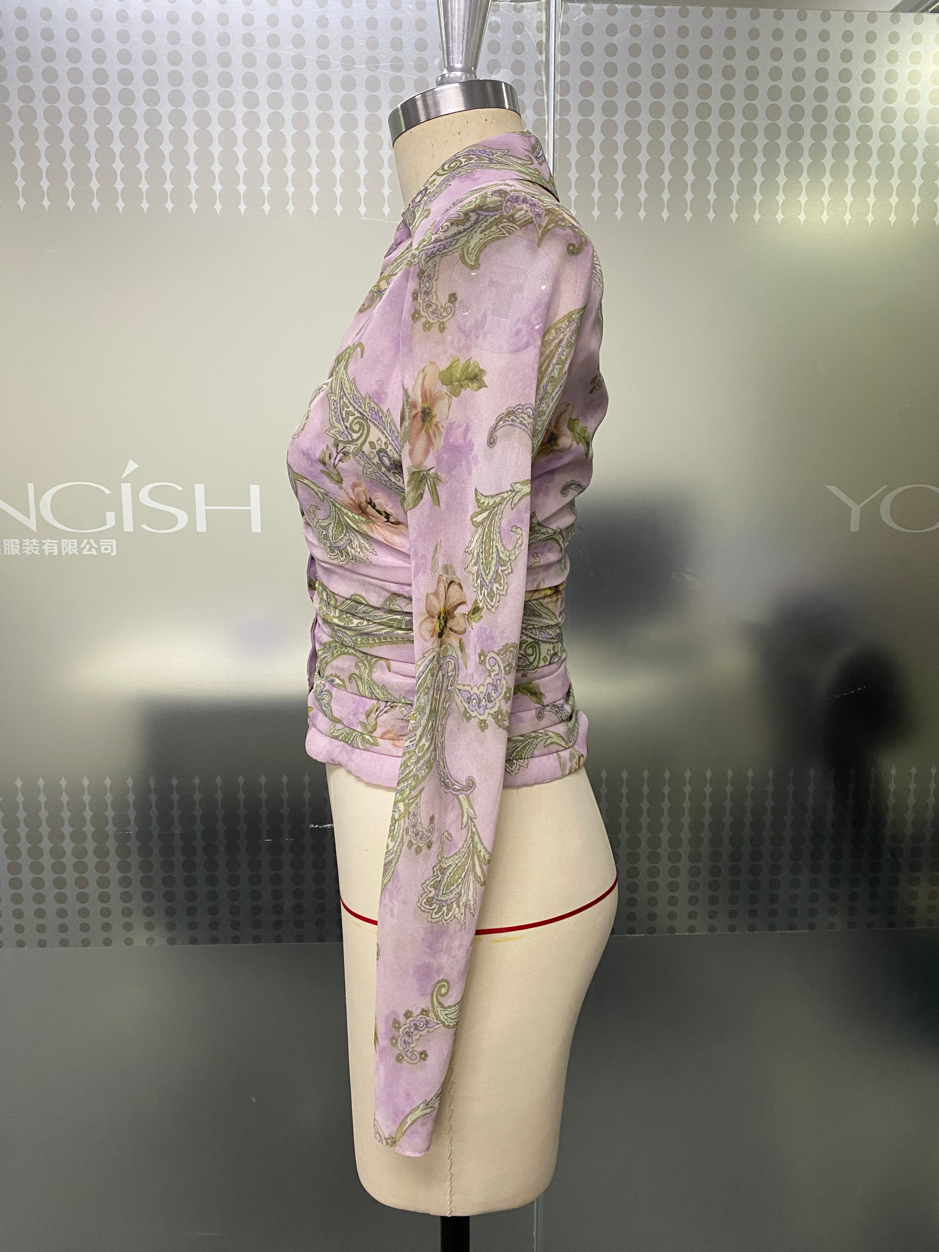 Soft Dusty Purple Paisley Floral Printed Shirt Collar Button Down Ruched Waist Cropped Fitted Long Sleeve Casual Work Blouse