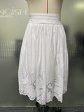 French Style High Waist Pleated Skirt Ribbed Waistband Scallop Cutwork Floral Hem Breathable Casual Summer White Midi Skirt
