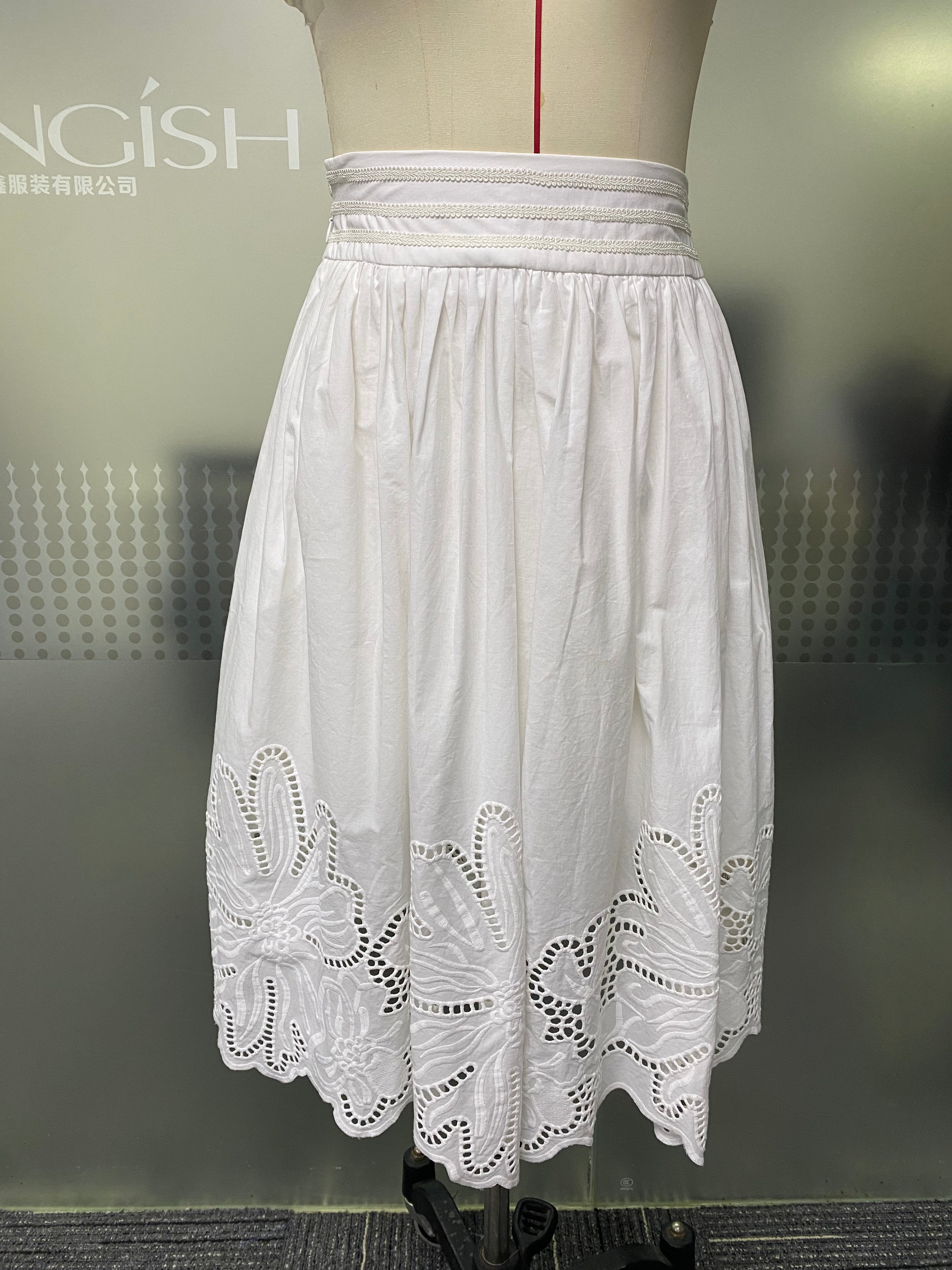 French Style High Waist Pleated Skirt Ribbed Waistband Scallop Cutwork Floral Hem Breathable Casual Summer White Midi Skirt