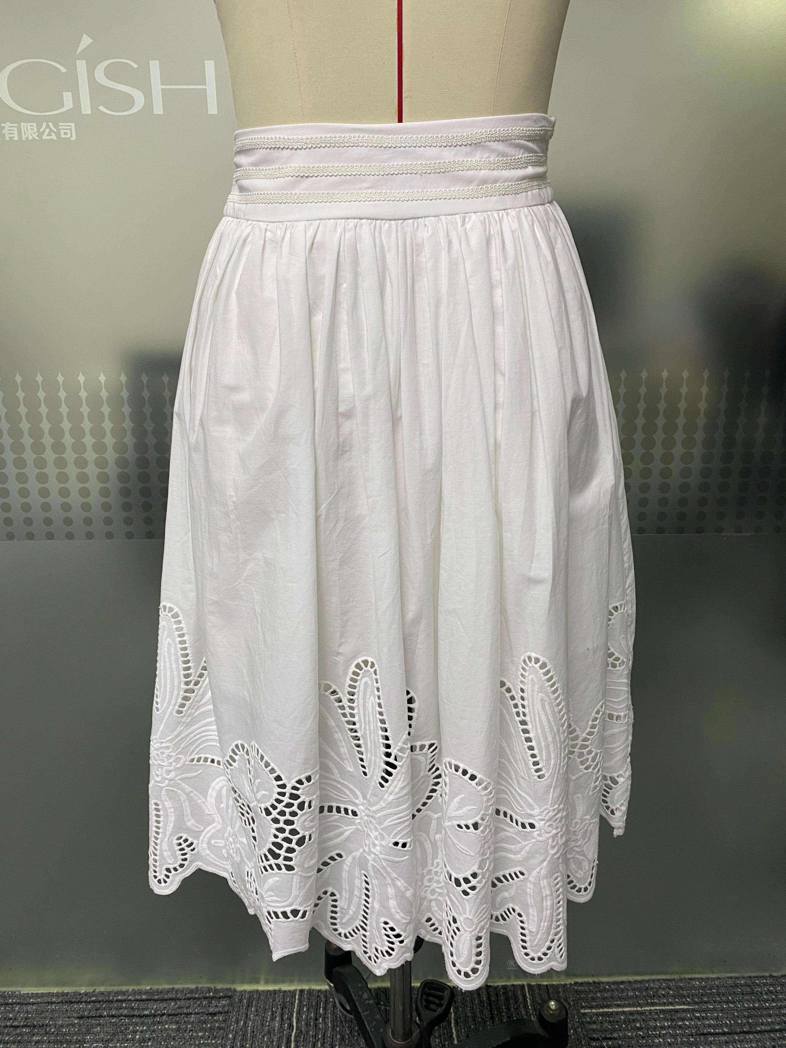 French Style High Waist Pleated Skirt Ribbed Waistband Scallop Cutwork Floral Hem Breathable Casual Summer White Midi Skirt