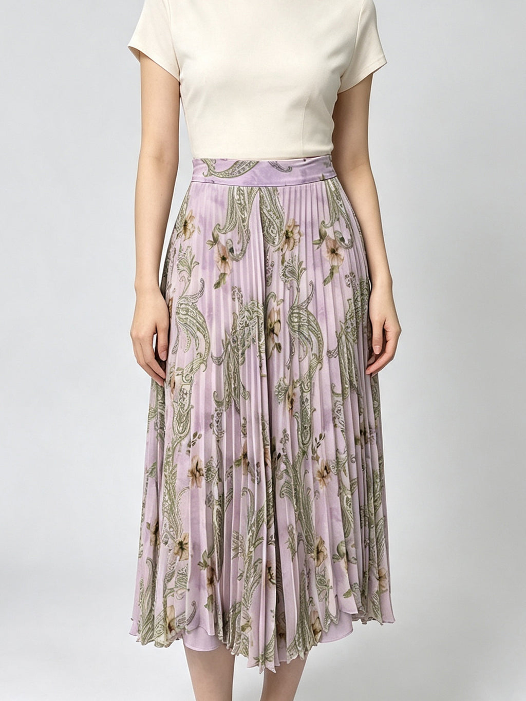 Boho Light Purple Floral Paisley Chiffon Pleated Skirt High Waist A-Line Flowy Casual Vacation Midi Long Skirt