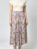 Boho Light Purple Floral Paisley Chiffon Pleated Skirt High Waist A-Line Flowy Casual Vacation Midi Long Skirt