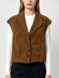 Vintage-style short women's vest with a knitted scoop neck and button-down front