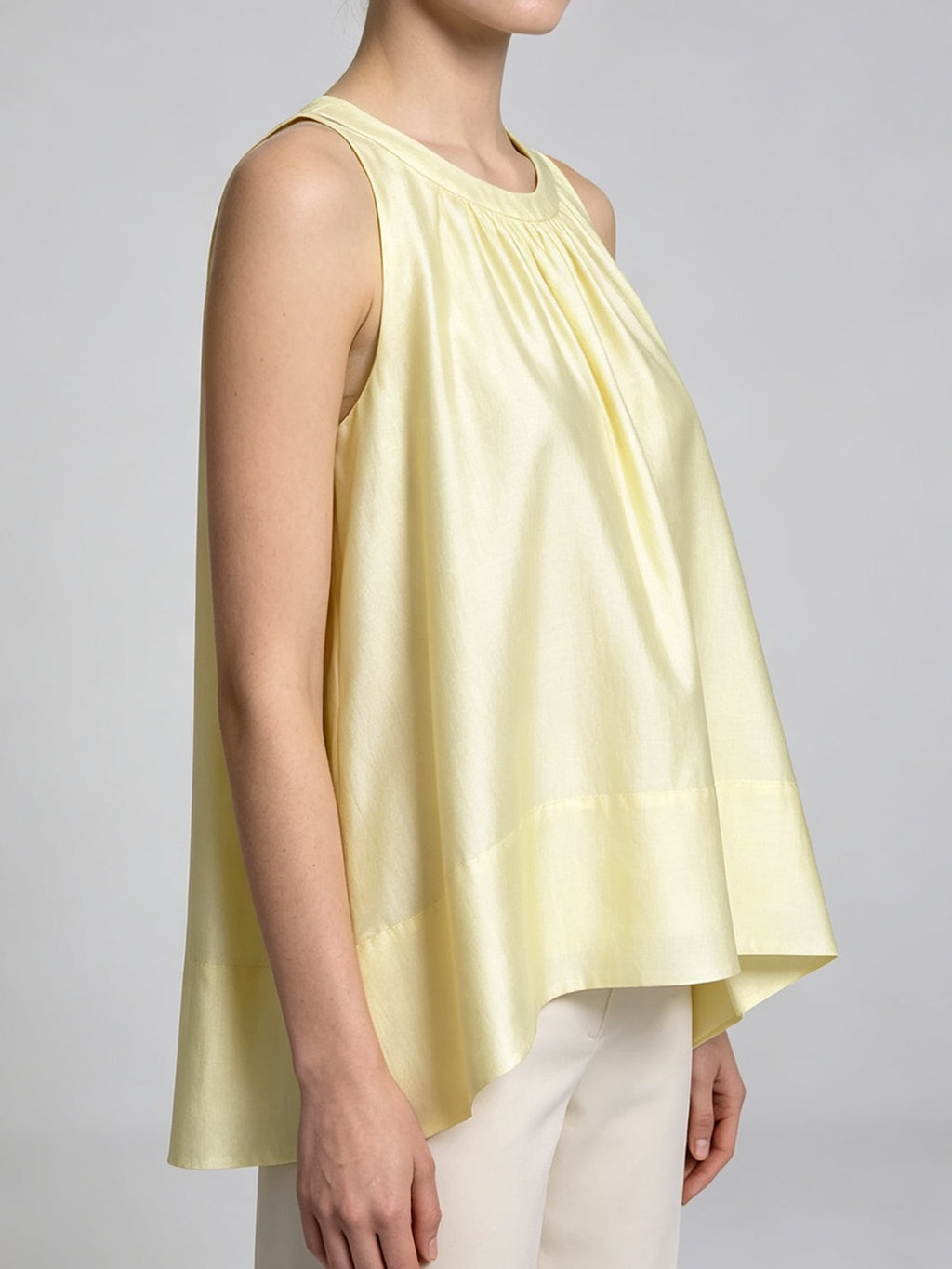Soft Buttery Yellow Satin-Like Blouse Gathered Neck Back Button A-Line Hem Summer Casual Work Sleeveless Top